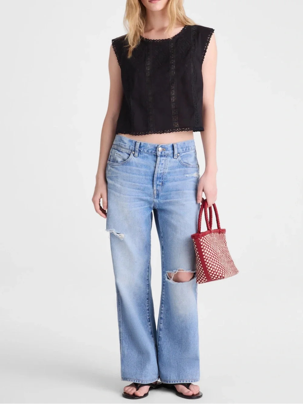 NWT Madewell Embroidered Lace-Insert Top, size M Jet Black